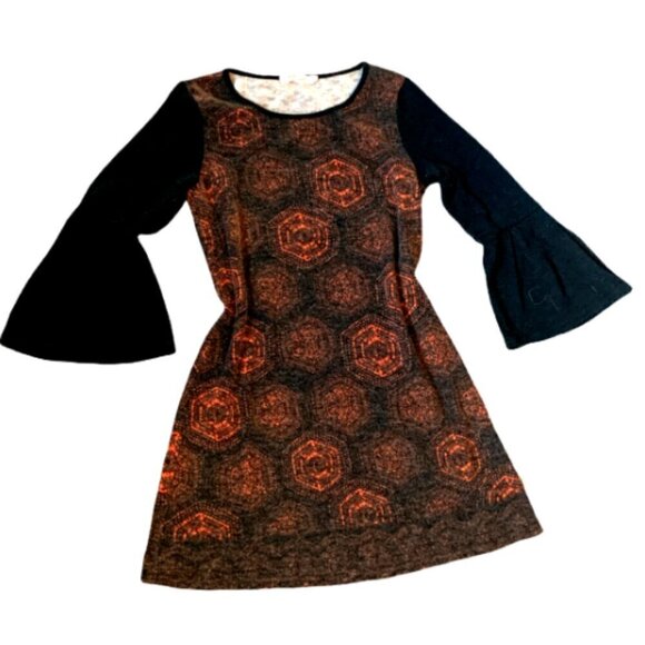 Aryeh BOHO Mod Knit Dress Bell Sleeve Geometric Print Sz S Black Multicolor #20E - Picture 2 of 8